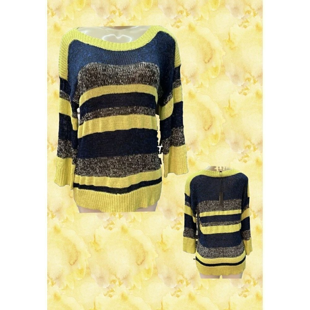 Cable & Guage XL Navy-Yellow Striped Bateau Neck Open Knit 3/4 Sleeve Sweater